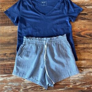 Bundle: Navy Blue V-Neck Top and Light Blue Paperbag Waist Drawstring Shorts